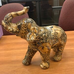 Vintage LaVie Glazed Porcelain Safari Patchwork Trunk up Elephant